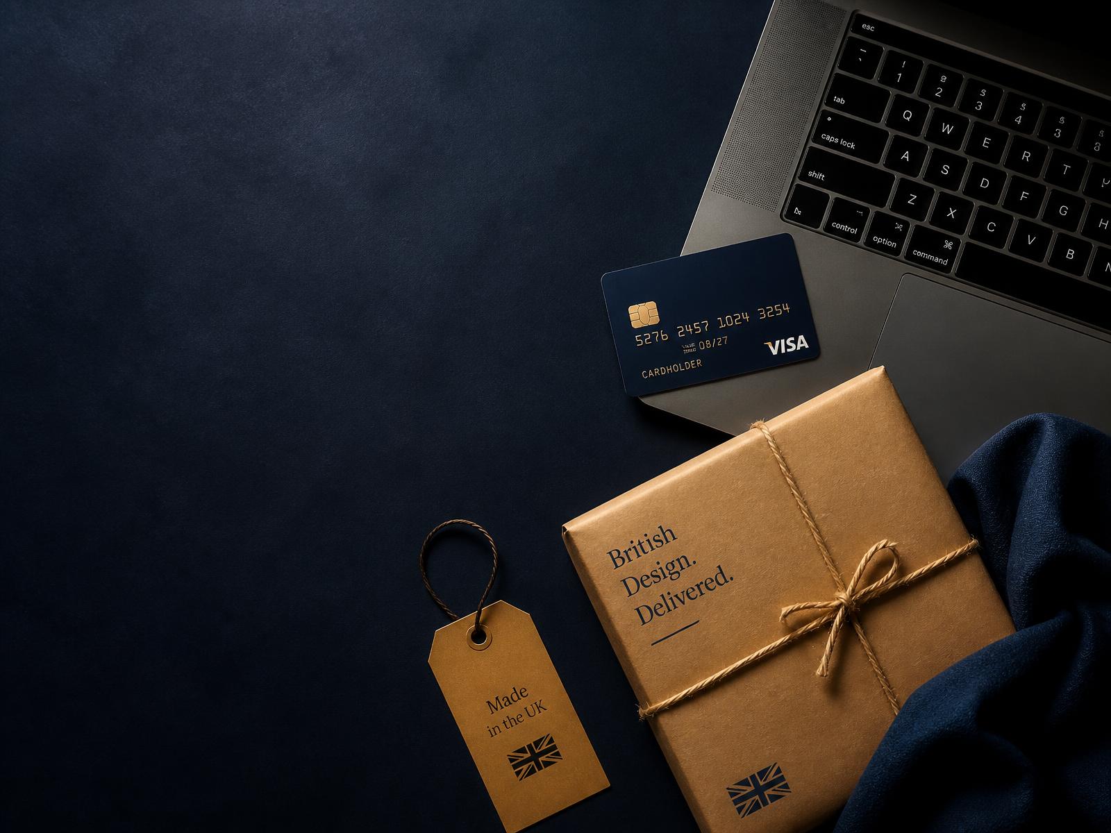Laptop, bank card and a British parcel on a dark desk